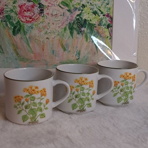 Three Vintage Japan Yellow Floral Ceramic Cups Decor Mid Century Modern - Picture 2 of 13